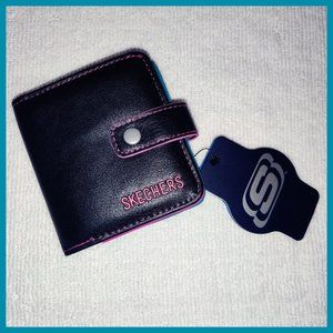 NWT Skechers Ladies Square Wallet - Black/Pink/Blue - Vegan - RFID Blocking